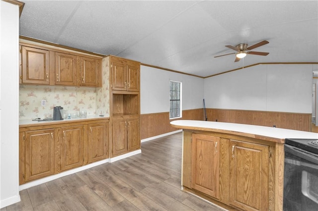 SPLITA4794 Tall Pine Rd, Navasota, TX 77868 - kitchen featuring stove, a ceiling fan, vaulted ceiling, a wainscoted wall, and brown cabinetry