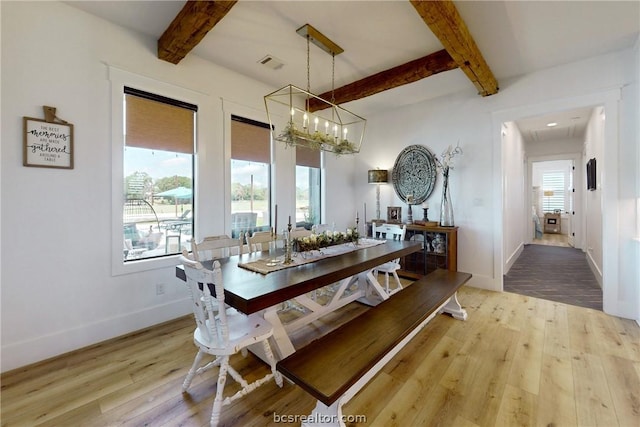 dining space featuring beam ceiling, a healthy amount of sunlight, a notable chandelier, and wood-type flooring