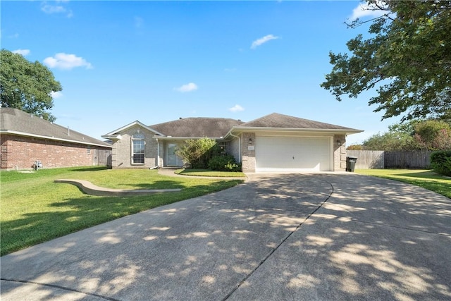 ranch-style house with a front yard and a garage