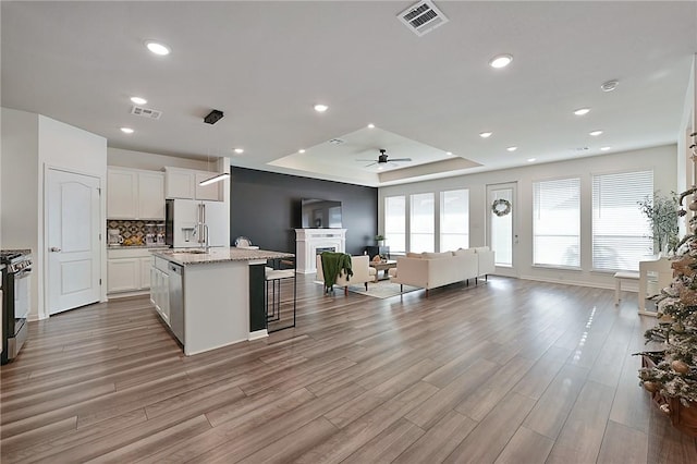 kitchen featuring light wood-type flooring, an island with sink, appliances with stainless steel finishes, a tray ceiling, and white cabinetry