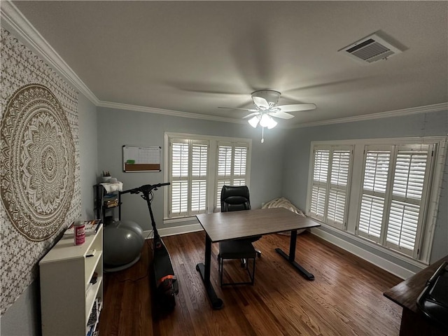 306 Timber St, College Station, TX 77840 - office area with a ceiling fan, dark wood-type flooring, crown molding, and baseboards
