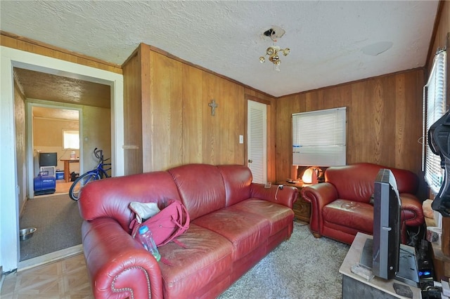 living area with wood walls and a textured ceiling