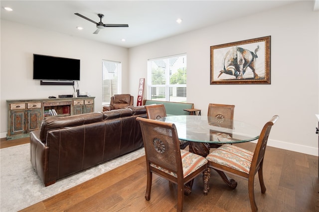 293 Estates Cir, College Station, TX 77840 - dining room with ceiling fan, light wood-style flooring, recessed lighting, and baseboards