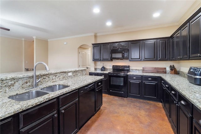 kitchen featuring sink, crown molding, black appliances, and light stone counters