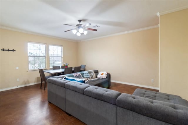 living room with crown molding and ceiling fan