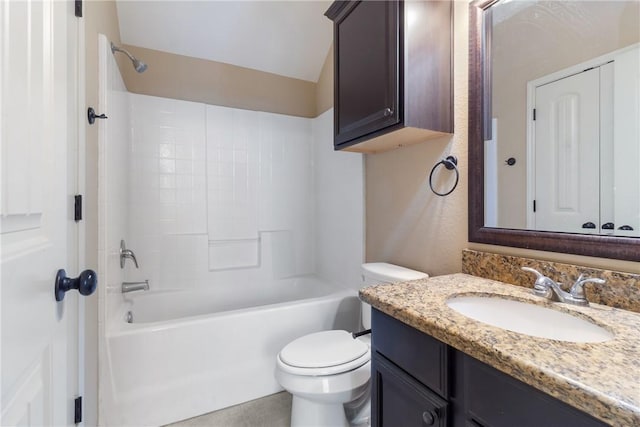 full bathroom featuring toilet, bathtub / shower combination, and vanity