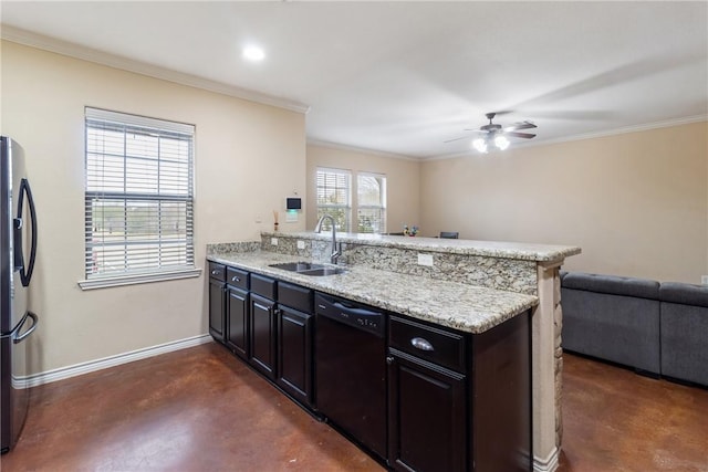 kitchen featuring light stone countertops, black dishwasher, sink, stainless steel fridge with ice dispenser, and kitchen peninsula