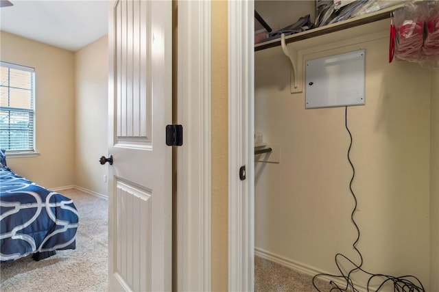 bedroom with light colored carpet