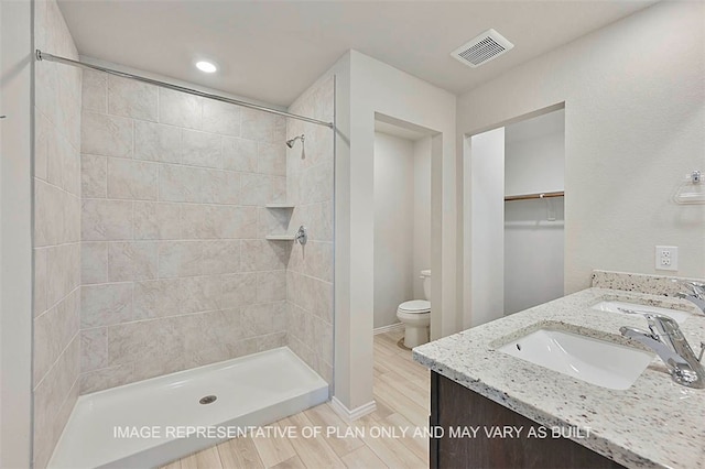 bathroom featuring toilet, vanity, and a tile shower