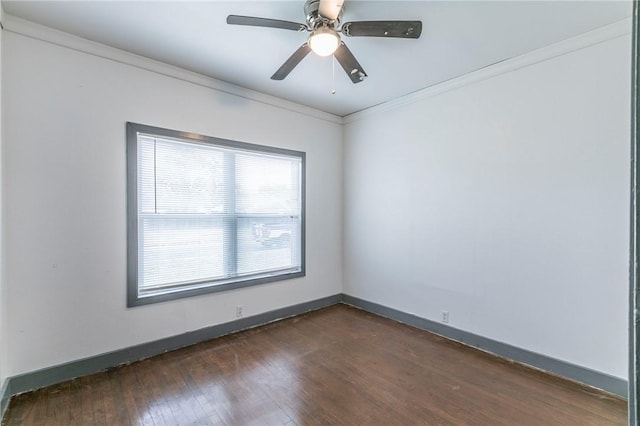 unfurnished room featuring ceiling fan, crown molding, and dark hardwood / wood-style floors