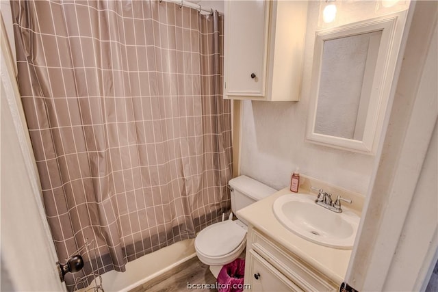 full bathroom with toilet, vanity, shower / bath combination with curtain, and wood-type flooring