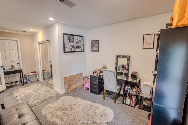 carpeted home office with crown molding