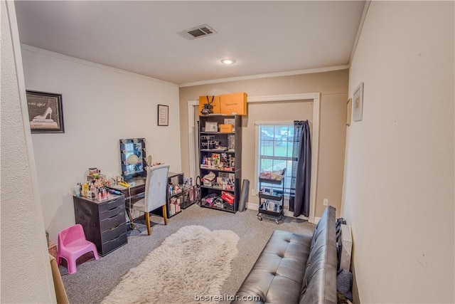 office space featuring light carpet and ornamental molding