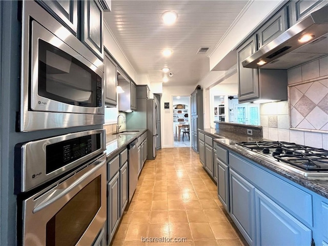 kitchen with gray cabinetry, sink, ventilation hood, decorative backsplash, and appliances with stainless steel finishes