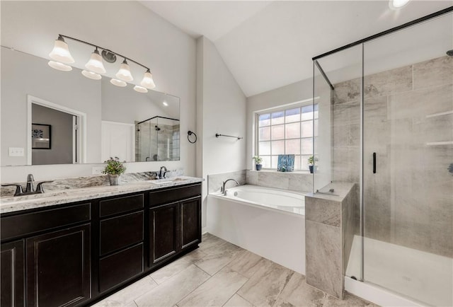 bathroom with vanity, plus walk in shower, and lofted ceiling