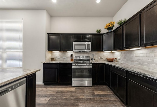 kitchen with dark wood-type flooring, plenty of natural light, and stainless steel appliances