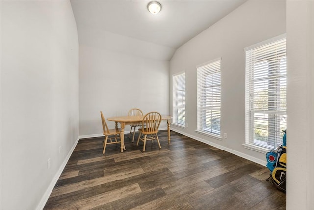 dining room with dark hardwood / wood-style flooring and lofted ceiling