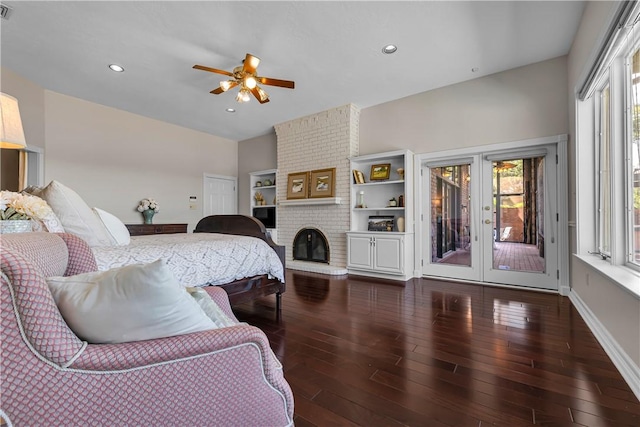 bedroom featuring french doors, recessed lighting, dark wood-style floors, baseboards, and access to exterior