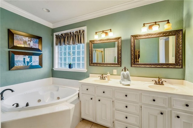 bathroom featuring tile patterned floors, crown molding, a bathtub, and vanity