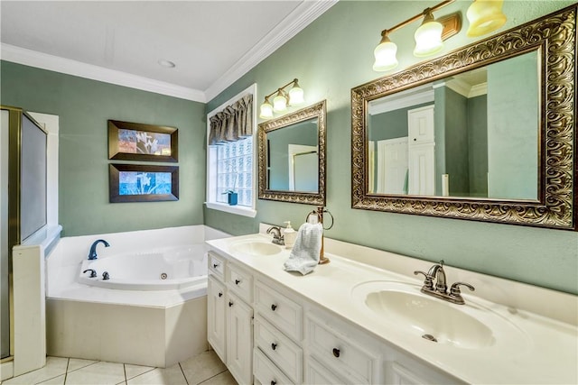 bathroom featuring tile patterned floors, tiled tub, crown molding, and vanity