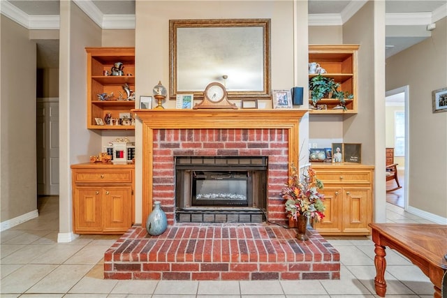 room details featuring a fireplace and crown molding