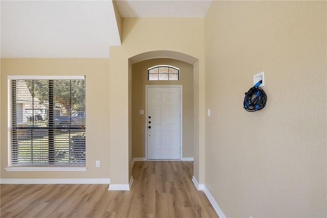 foyer entrance with light wood-type flooring and a wealth of natural light