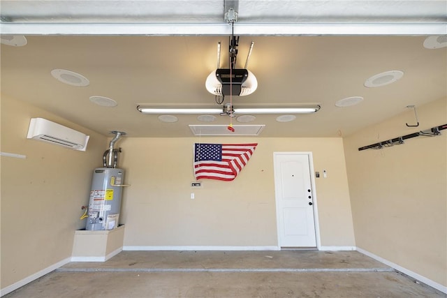 garage with a wall mounted air conditioner, water heater, and a garage door opener