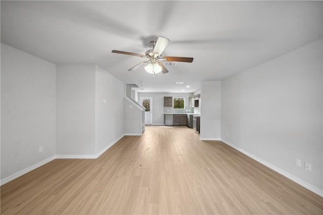 unfurnished living room featuring light wood-type flooring and ceiling fan