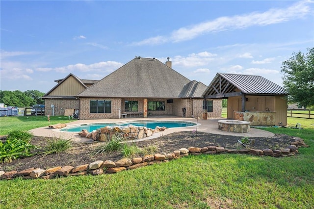 5398 Prairie Dawn Trl, College Station, TX 77845 - outdoor pool featuring fence, a patio, a yard, and an outdoor fire pit