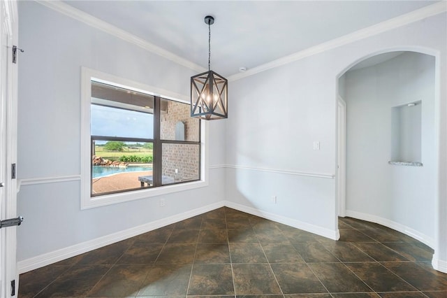 5398 Prairie Dawn Trl, College Station, TX 77845 - unfurnished room featuring crown molding, arched walkways, baseboards, and a chandelier