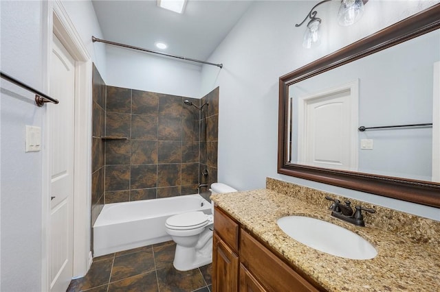 5398 Prairie Dawn Trl, College Station, TX 77845 - bathroom featuring vanity, stone finish flooring, toilet, and shower / washtub combination