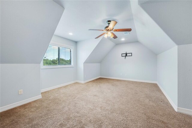 5398 Prairie Dawn Trl, College Station, TX 77845 - bonus room featuring baseboards, ceiling fan, recessed lighting, carpet, and vaulted ceiling