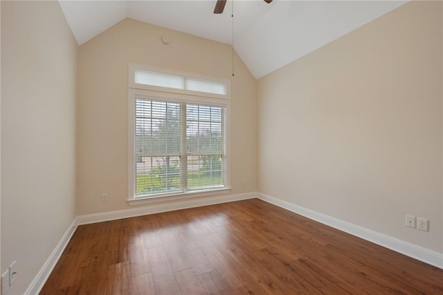 unfurnished room with ceiling fan, wood-type flooring, and lofted ceiling