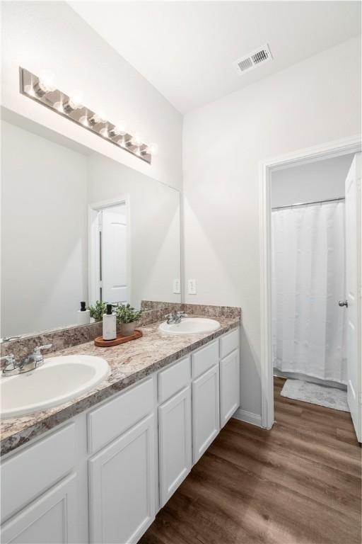 bathroom with vanity and wood-type flooring