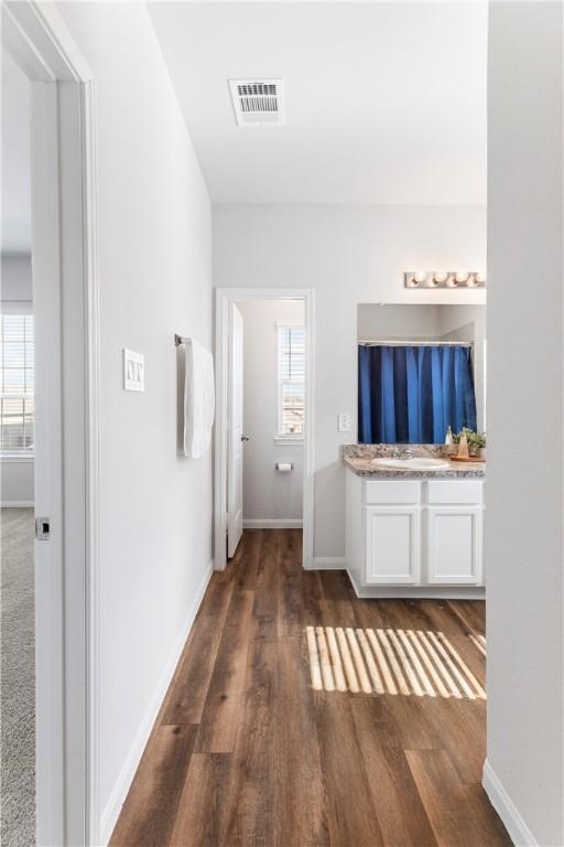 bathroom featuring vanity and hardwood / wood-style flooring