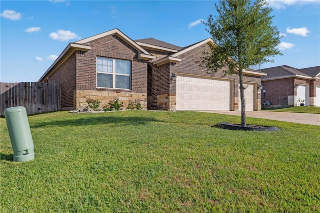 single story home featuring brick siding, fence, a front yard, stone siding, and an attached garage