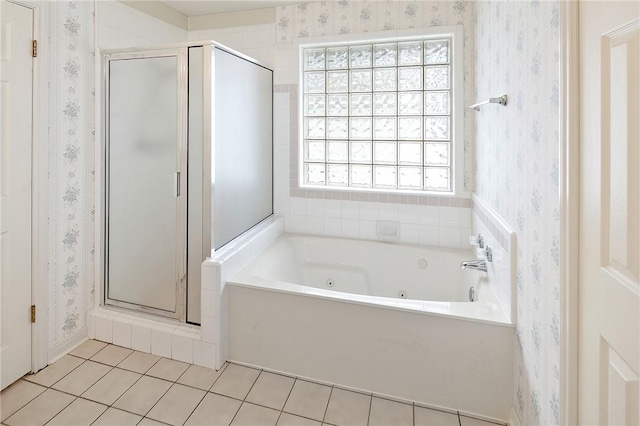 bathroom featuring shower with separate bathtub and tile patterned floors