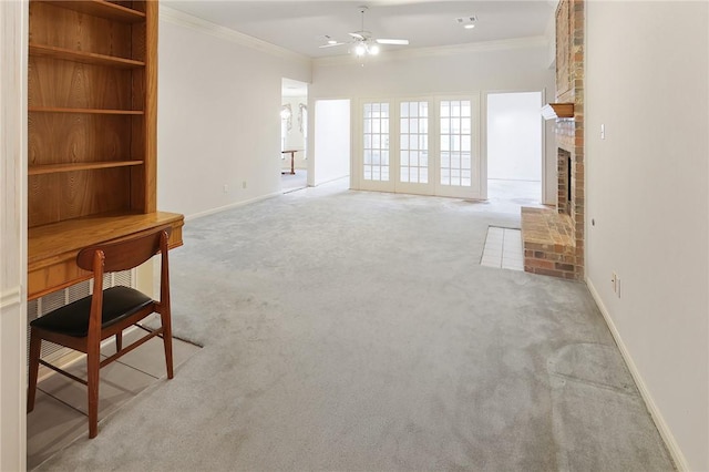 unfurnished living room featuring a fireplace, light colored carpet, ceiling fan, and ornamental molding