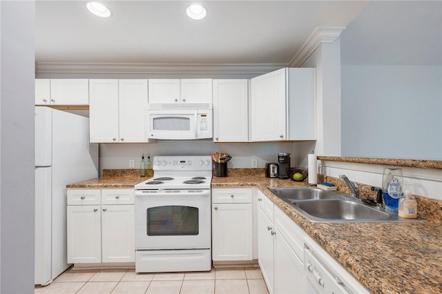 1725 Harvey Mitchell Pkwy S Unit 2433, College Station, TX 77840 - kitchen with white appliances, a sink, light tile patterned flooring, white cabinets, and ornamental molding