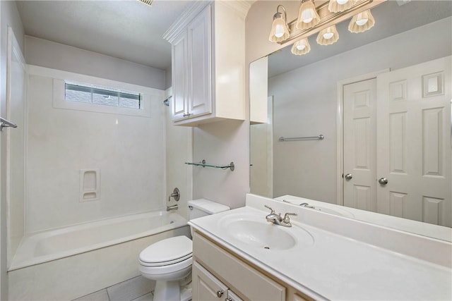 bathroom with shower / washtub combination, tile patterned flooring, vanity, and toilet