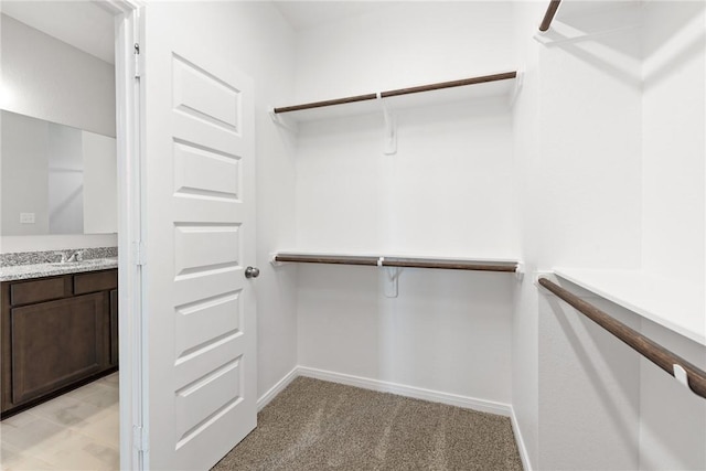 spacious closet featuring light colored carpet and sink