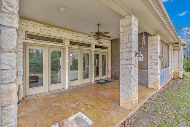 view of patio featuring french doors and ceiling fan