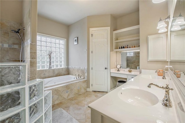 bathroom with vanity, independent shower and bath, and tile patterned flooring