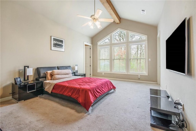 carpeted bedroom with ceiling fan, high vaulted ceiling, and beamed ceiling