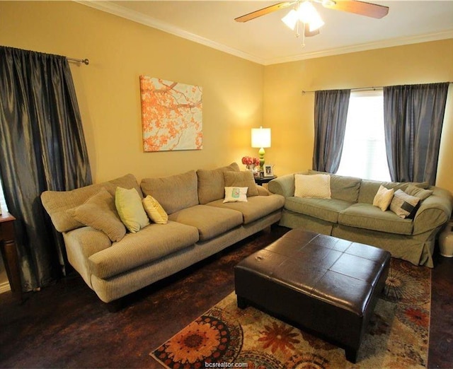 living room featuring ornamental molding and a ceiling fan