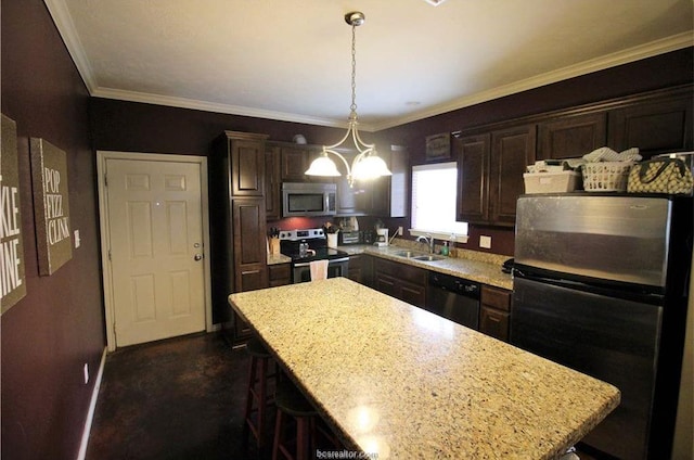 kitchen with light stone counters, a center island, hanging light fixtures, stainless steel appliances, and dark brown cabinets