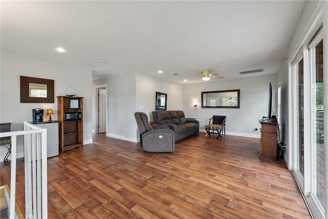 living room with ceiling fan and wood-type flooring