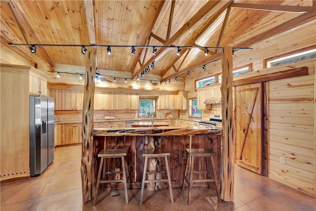15184 Fm 2620, Bedias, TX 77831 - kitchen featuring rail lighting, appliances with stainless steel finishes, wood walls, wood ceiling, and a breakfast bar