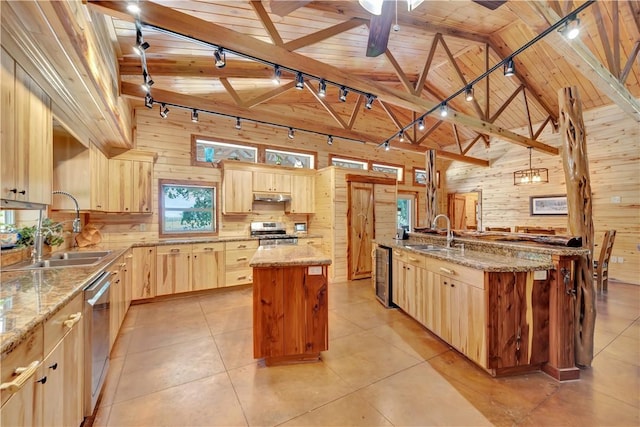 15184 Fm 2620, Bedias, TX 77831 - kitchen with light brown cabinets, track lighting, a kitchen island with sink, appliances with stainless steel finishes, and wood walls