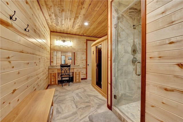 15184 Fm 2620, Bedias, TX 77831 - bathroom featuring wooden ceiling, wooden walls, vanity, and a stall shower